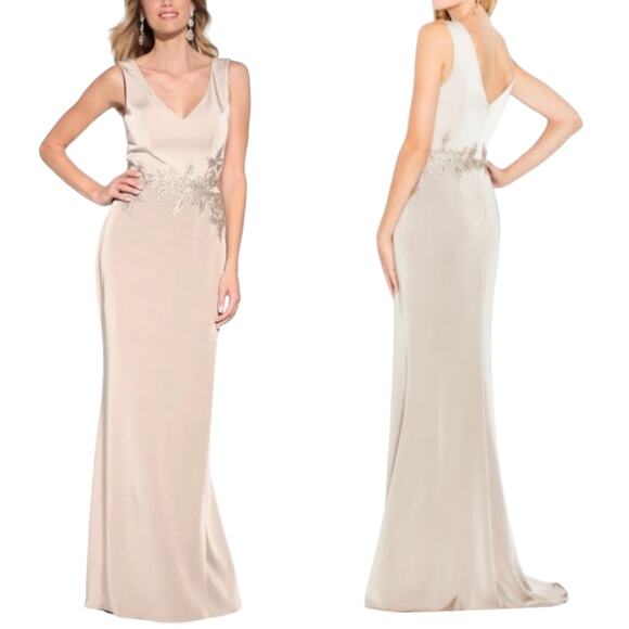 Cameron Blake Evening Gown Dress Sequins A-Line Women’s Champagne Latte Satin 14 - Picture 15 of 15